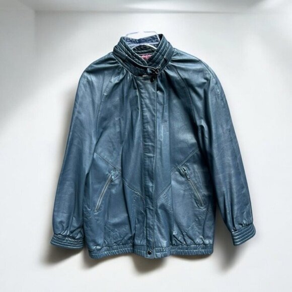 VINTAGE Leatherberry Gray Blue Moto Style Leather Jacket Modern Day Medium - Picture 1 of 14